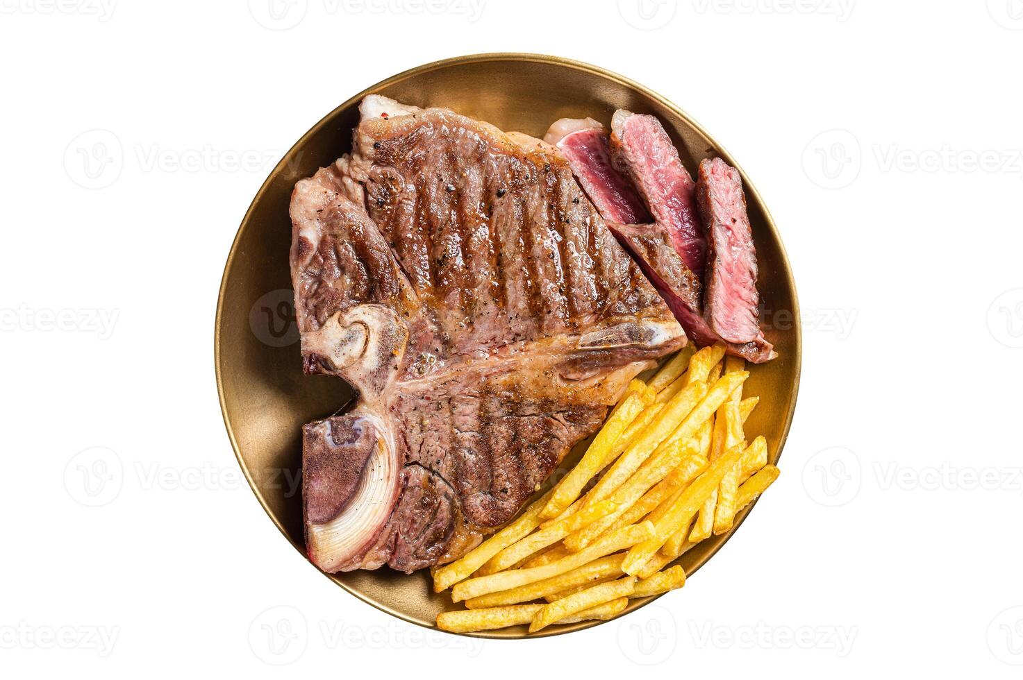 Roast Italian Florentine or porterhouse beef meat Steak in a plate with french fries. Isolated on white background. photo