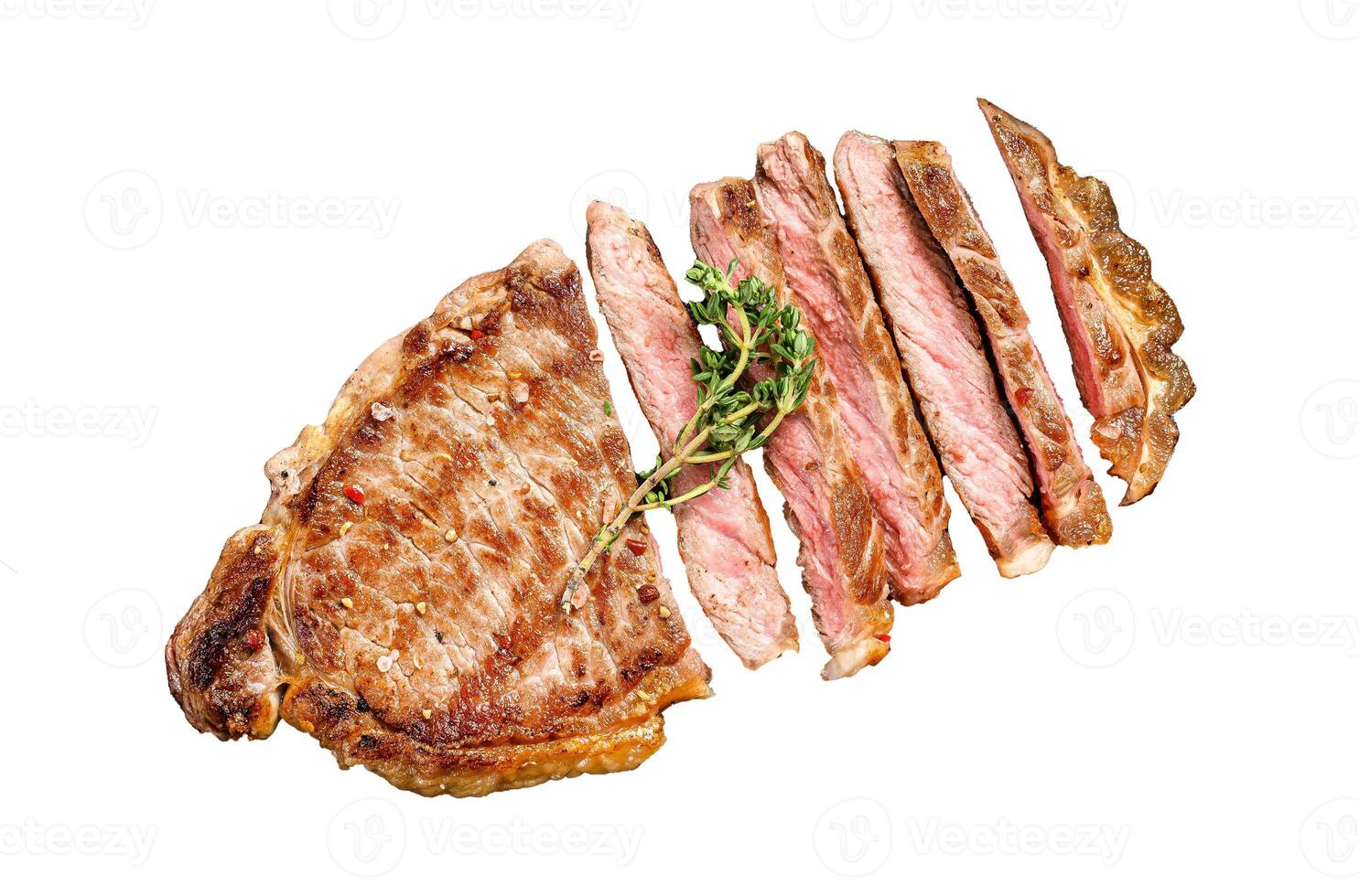 Grilled Strip New York steak or striploin. Beef meat steak. Isolated on white background. Top view. photo