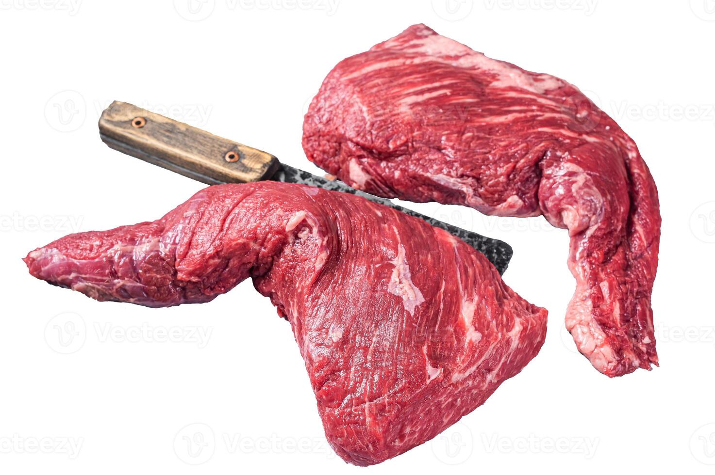 Unccoked tri-tip triangle roast, raw bottom sirloin steak on buther table with meat cleaver. Isolated, white background. photo
