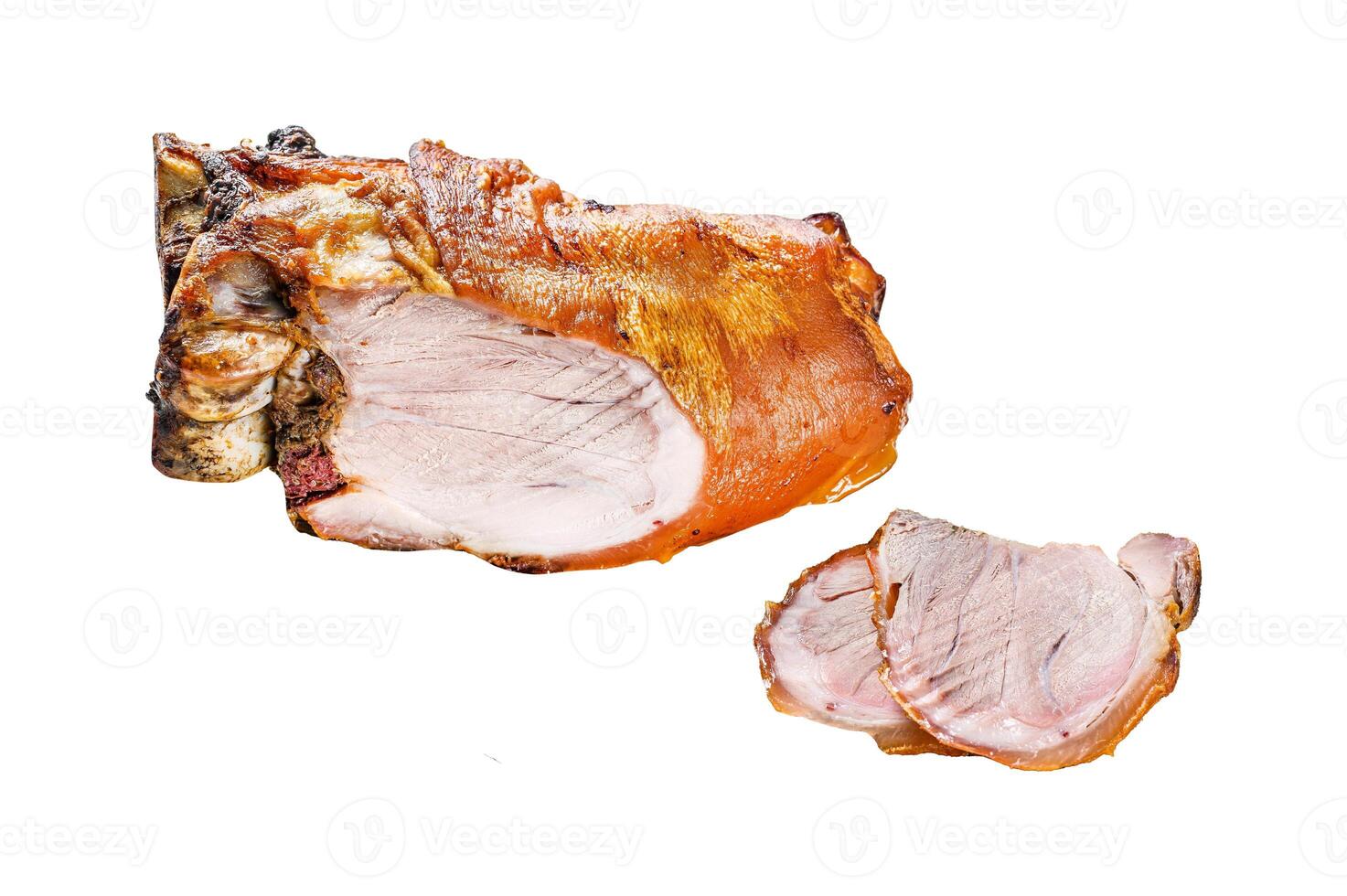 Sliced roasted pork knuckle Isolated on white background. Top view. photo