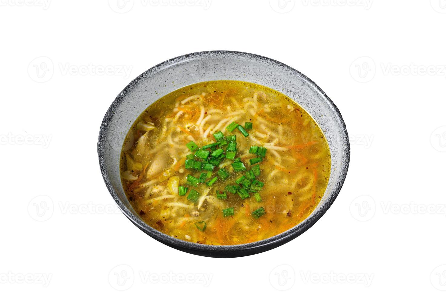 Fresh homemade chicken soup with noodle Isolated on white background, top view. photo