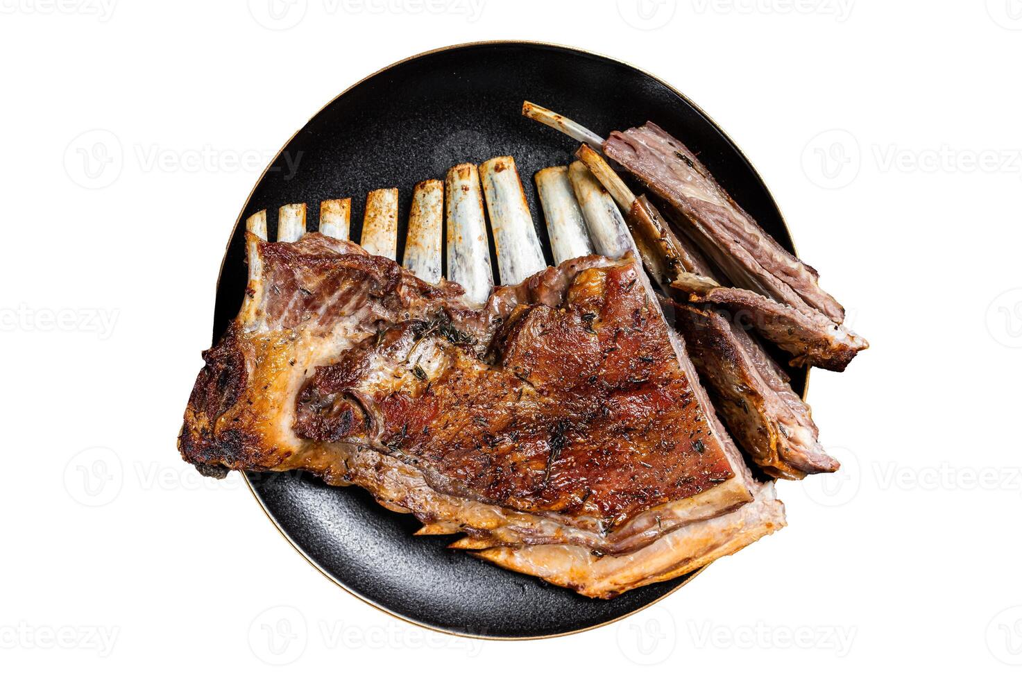Roasted Rack of lamb ribs, mutton spareribs, sliced meat on plate. Isolated on white background. photo