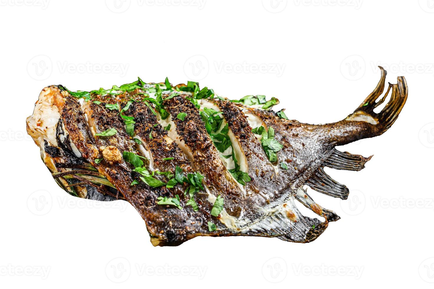 Fried Dory fish with lime and parsley Isolated on white background. Top view. photo