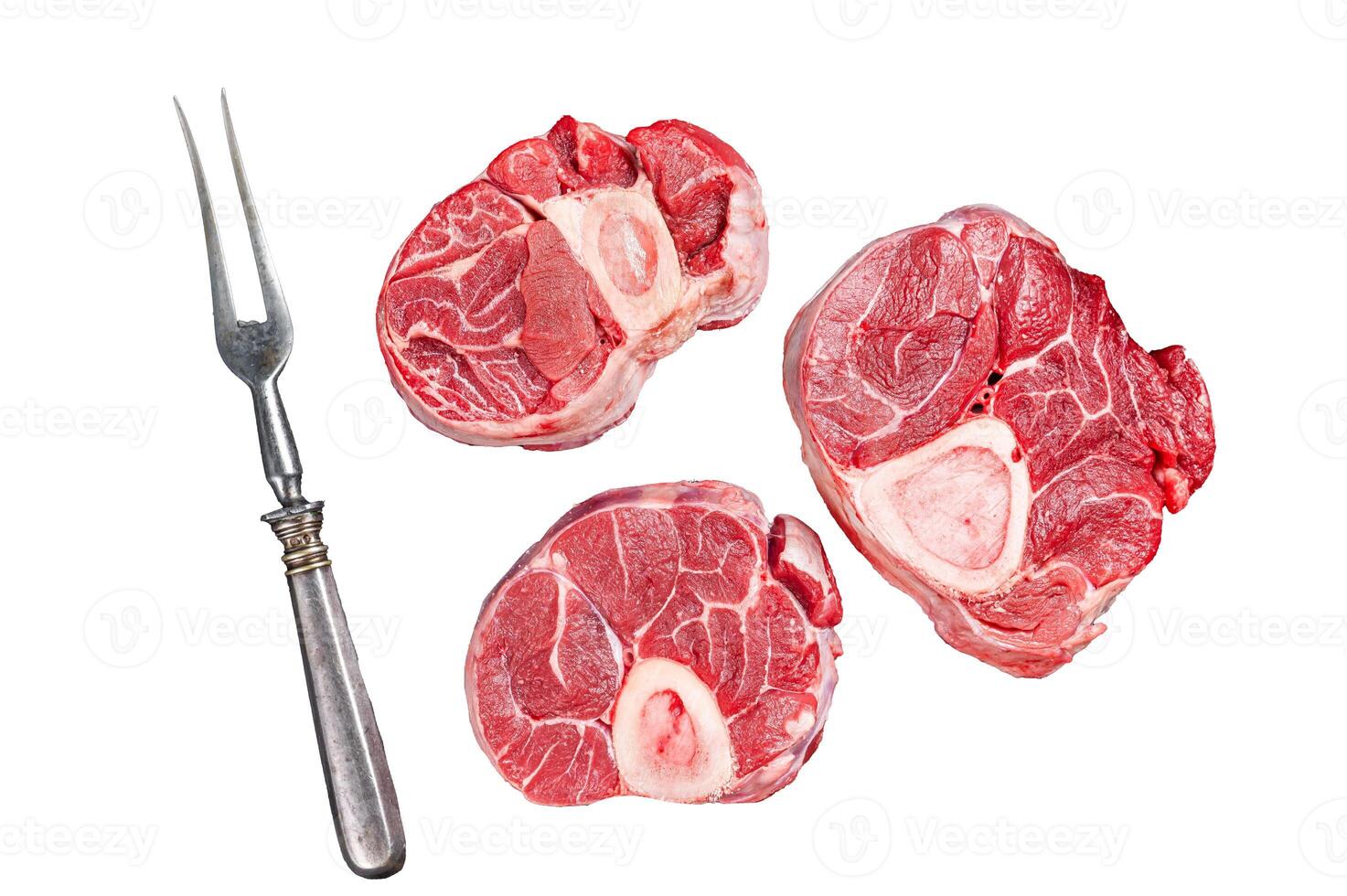 Fresh Osso buco Veal shank ready for cooking, raw cross cut veal shank. Isolated, white background. photo