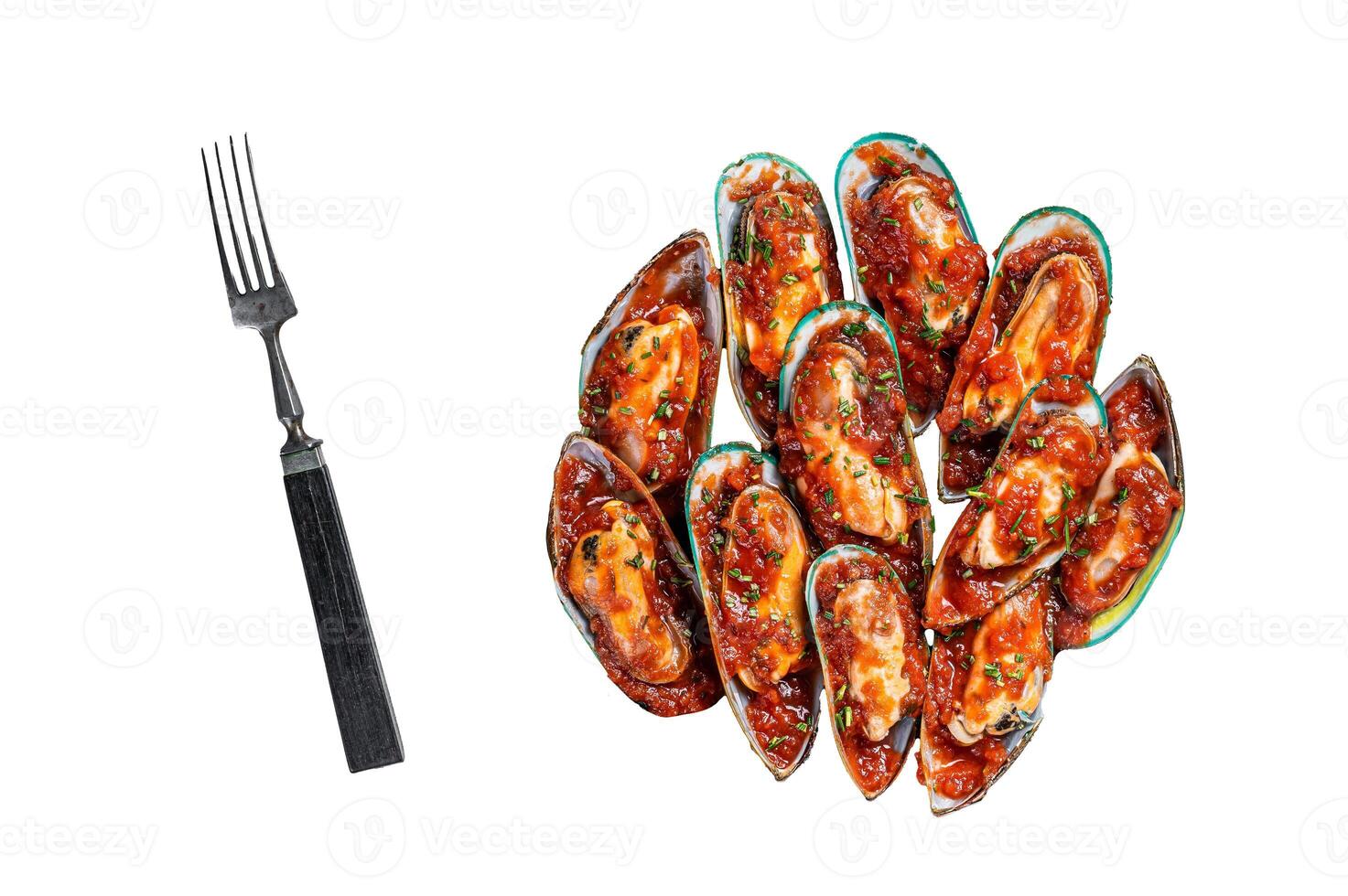 Large green mussels cooked in tomato sauce with garlic, parsley and lemon. Isolated, white background. photo