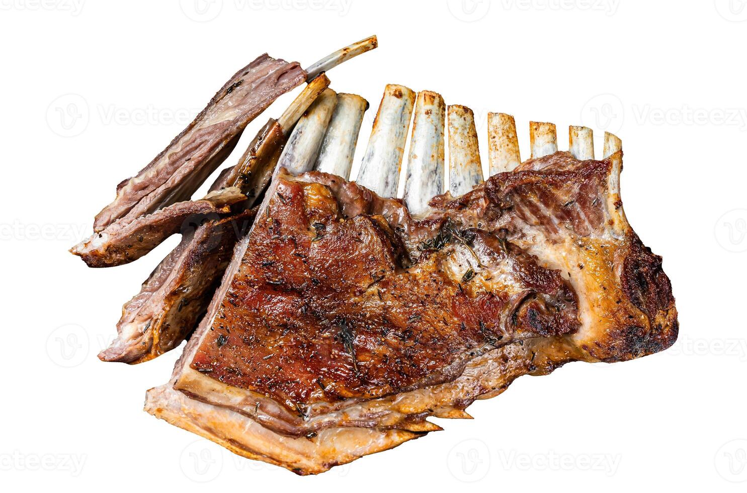 Roasted Rack of lamb ribs, mutton spareribs, sliced meat on plate. Isolated, white background. photo