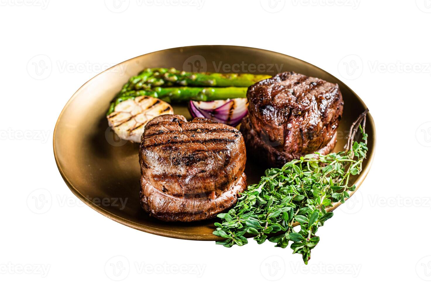 BBQ grilled Fillet Mignon Steak with asparagus, beef tenderloin meat. Isolated on white background. Top view. photo