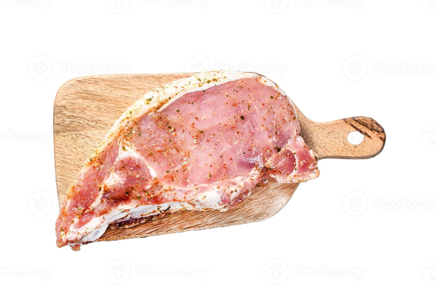Marinated pork steak cutlet. Isolated on white background. Top view. photo
