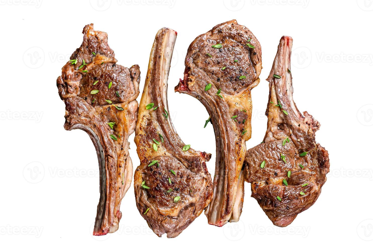 Barbecue fried lamb meat chops Isolated on white background, top view. photo