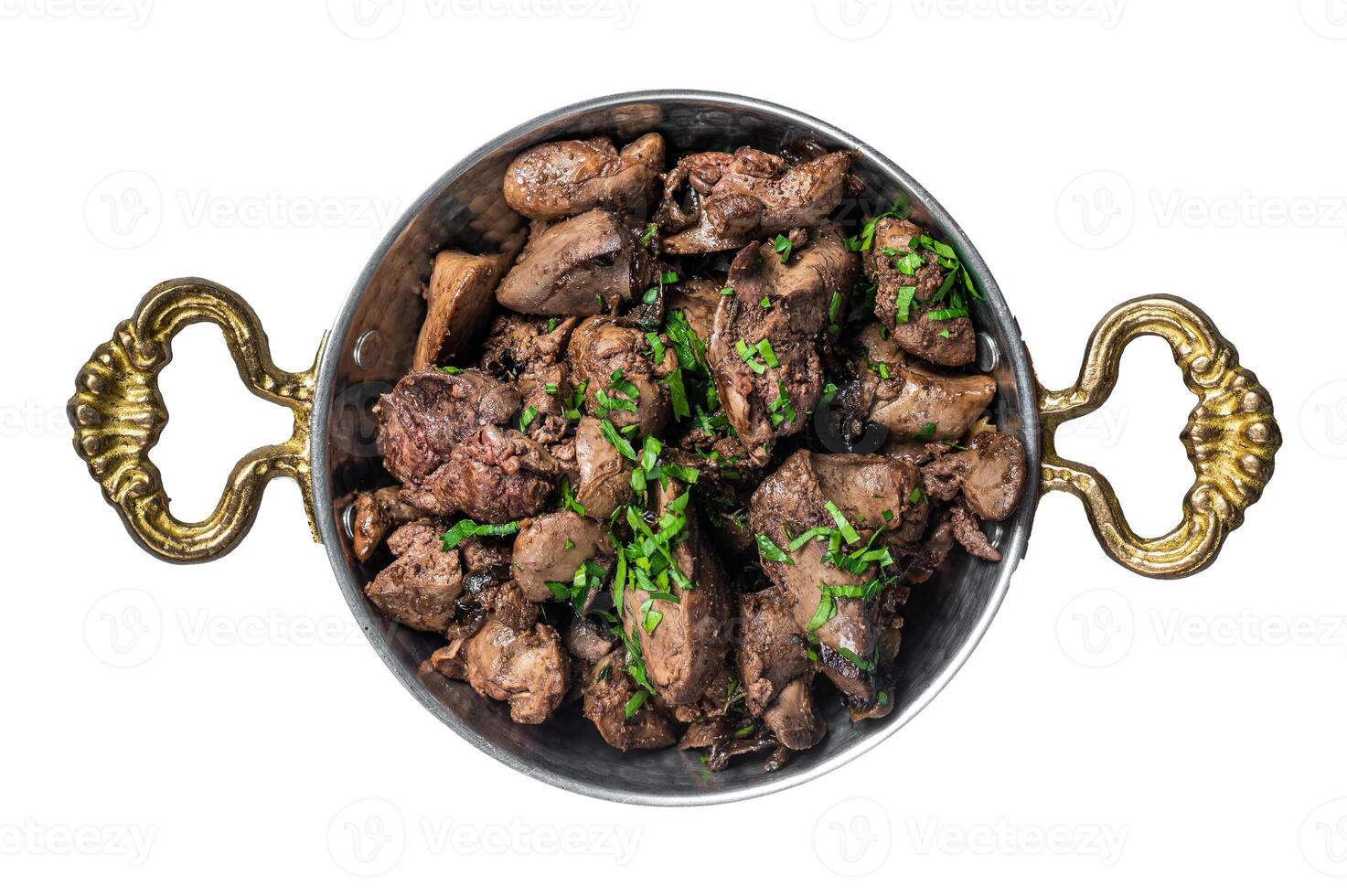 Chicken liver stew with onions and parsley in a skillet. Isolated, white background. photo