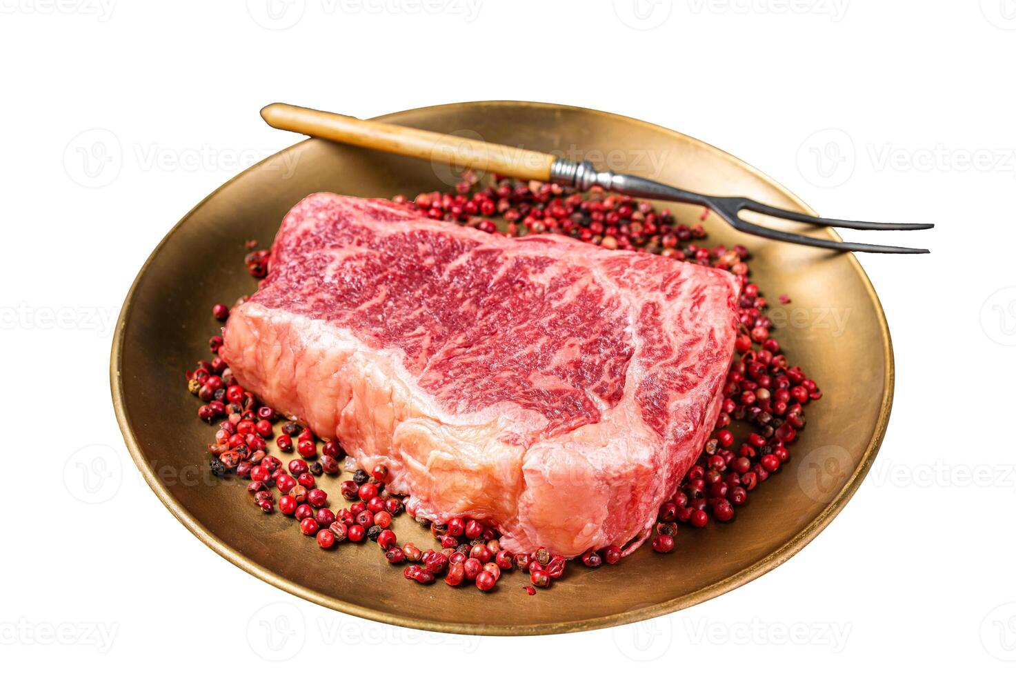 Raw Wagyu striploin, New york steak on a plate with pink peppper. Isolated on white background. Top view.view photo