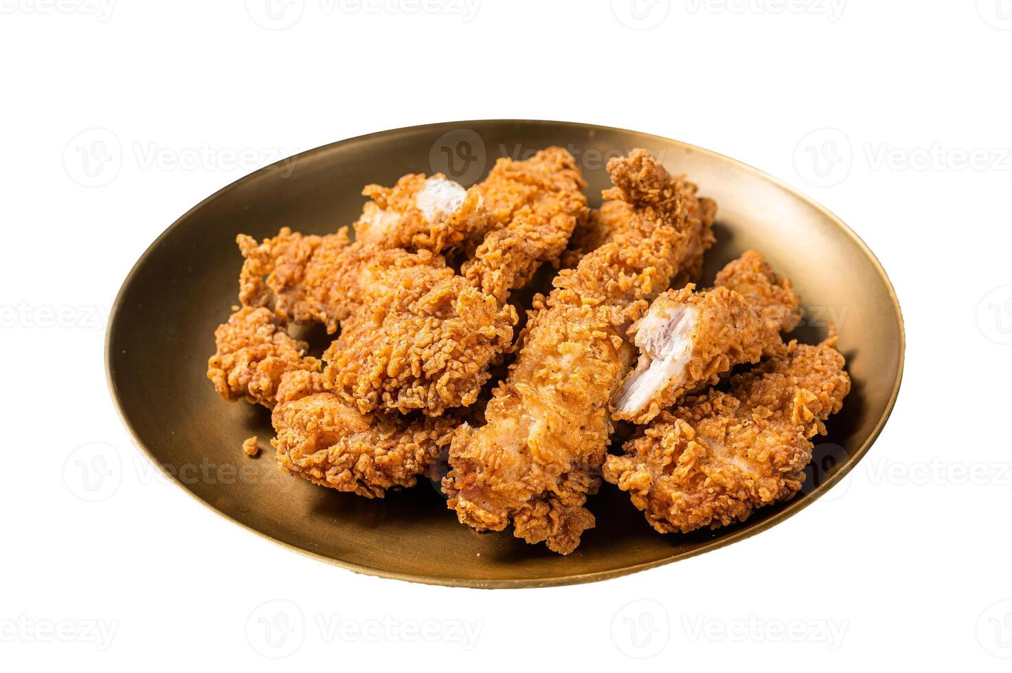 Breaded chicken strips, breast fillet meat on a plate. Isolated on white background. photo