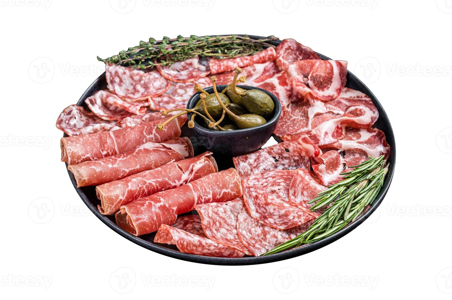Italian Antipasto set platter, cured meat plate with Prosciutto crudo, Salami and Coppa Sausage. Isolated on white background. Top view. photo