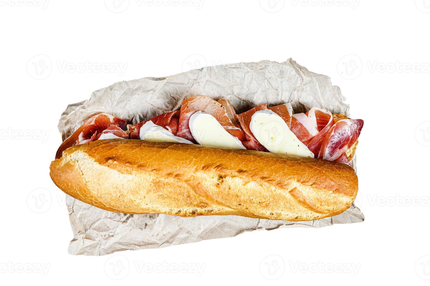 baguette sandwich with jamon ham serrano, paleta iberica, Camembert cheese. Isolated on white background. photo
