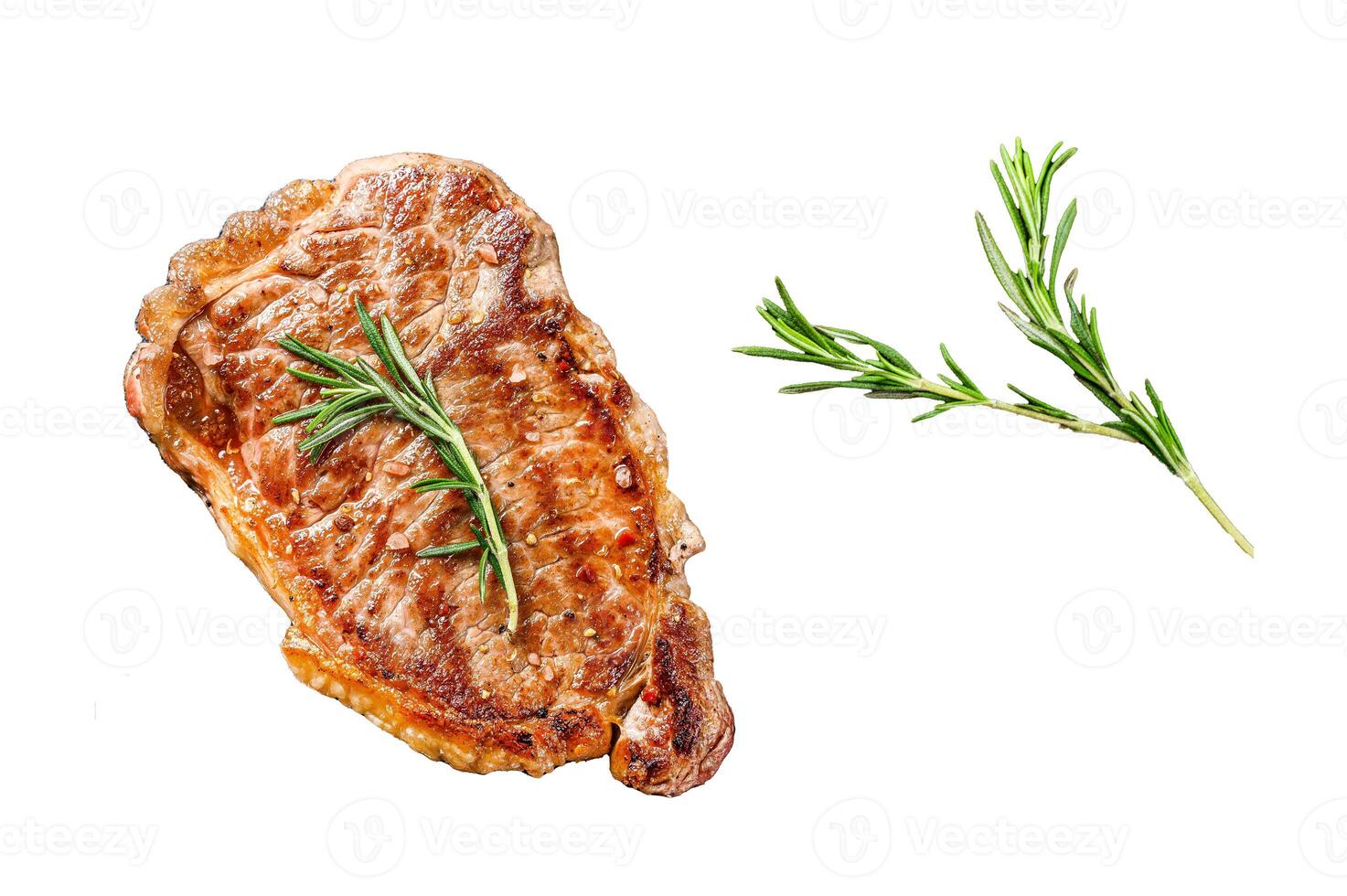 BBQ Strip New York steak or striploin. Isolated on white background. Top view. photo
