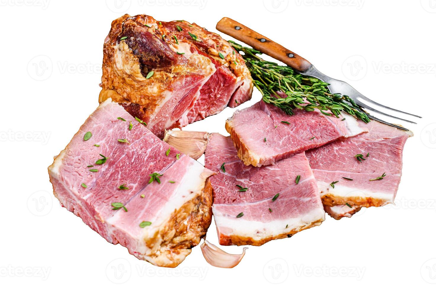 Smoked pork Slab Bacon meat slices Isolated on white background, top view. photo