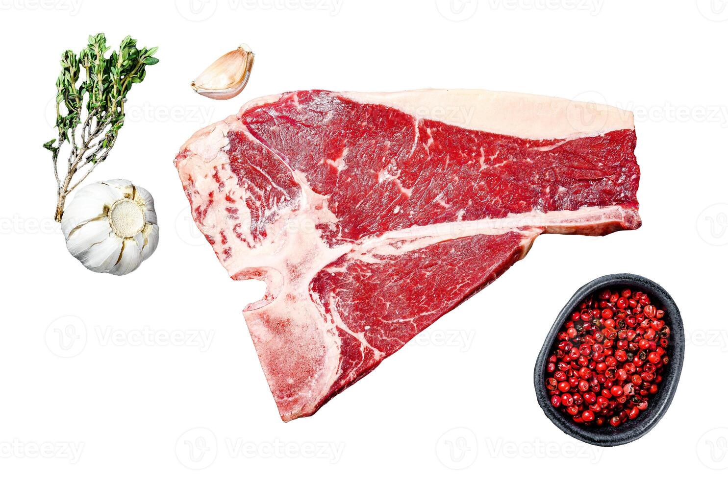 Porterhouse raw steak. Organic meat beef. Isolated on white background. Top view. photo
