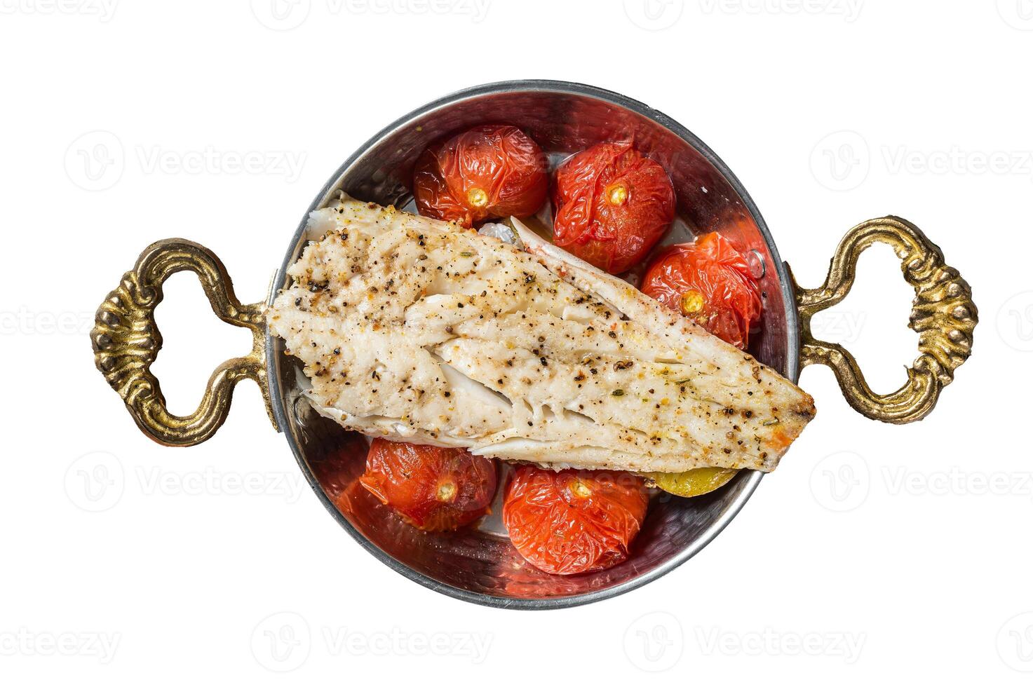 Roasted Haddock fish fillet in skillet with tomato and potato. Isolated, white background. photo