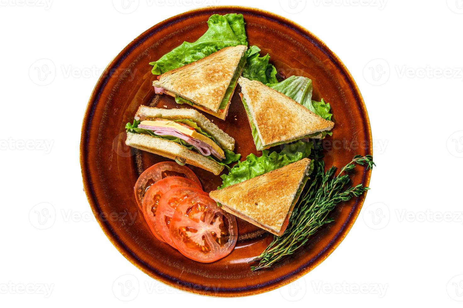 Toasted Club sandwiches with pork ham, cheese, tomatoes and lettuce on a plate. Isolated on white background. photo