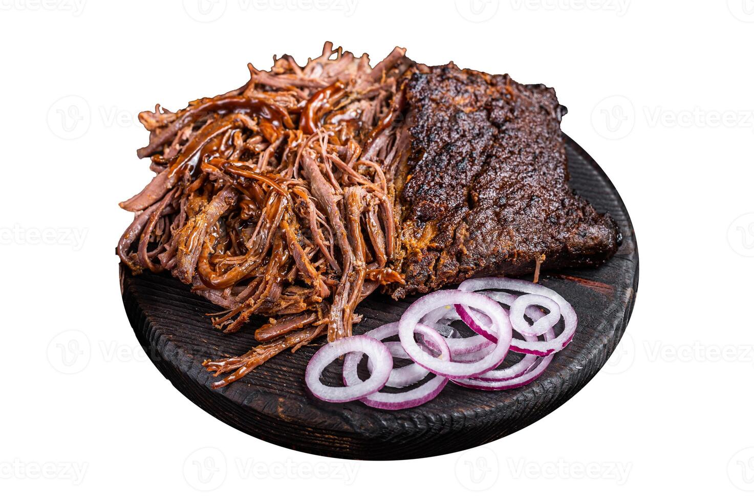 Traditional barbecue wagyu pulled beef Isolated on white background. Top view. photo