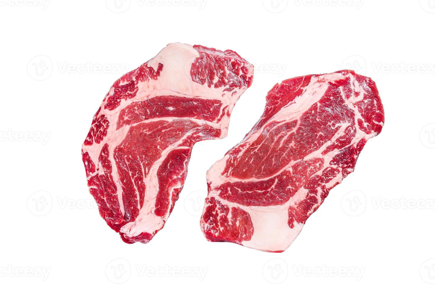 Raw chuck eye roll steaks premium beef meat. Isolated on white background, Top view. photo