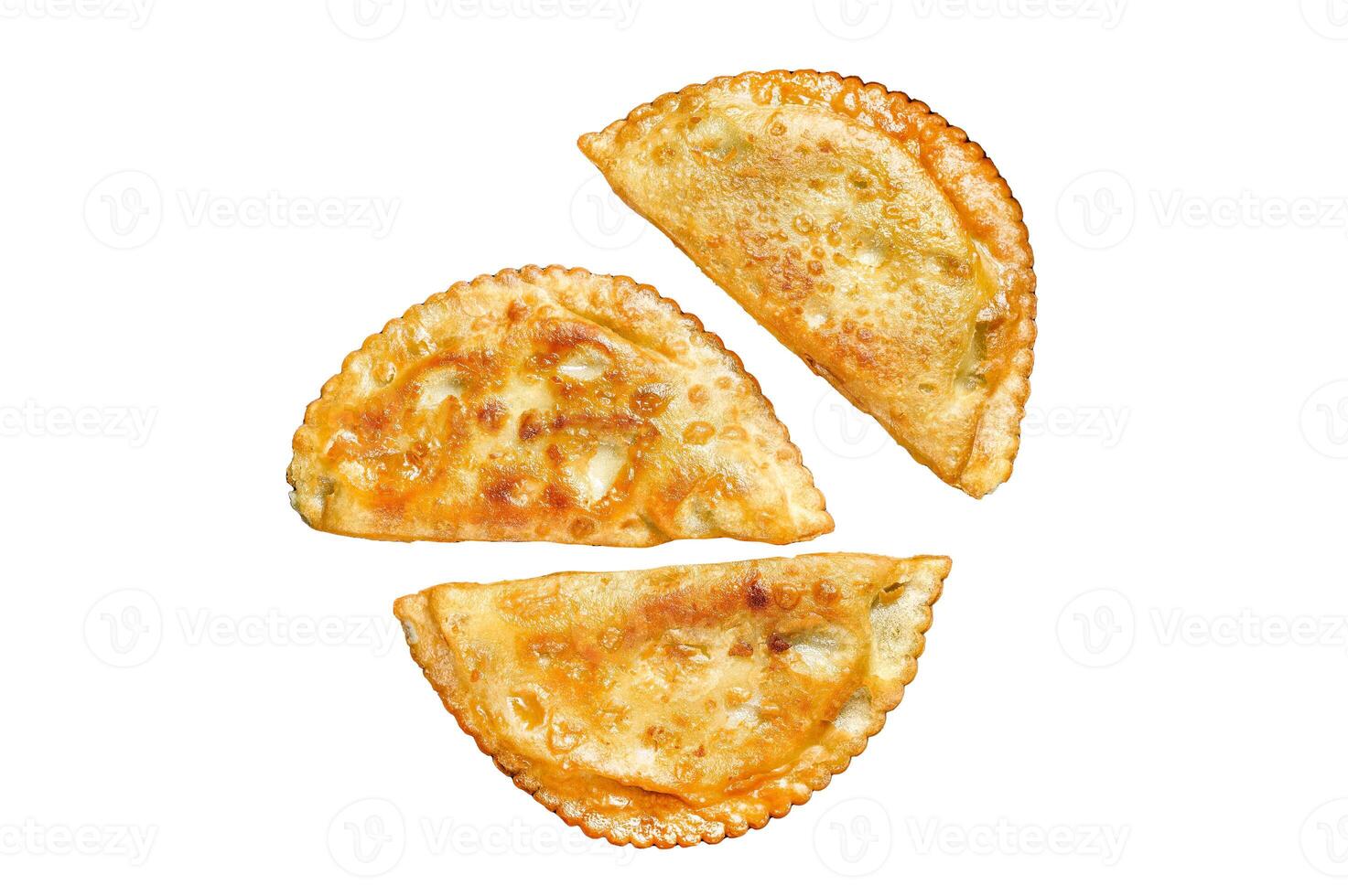 Fried empanadas savoury pastries with beef meat stuffing Isolated on white background, top view. photo