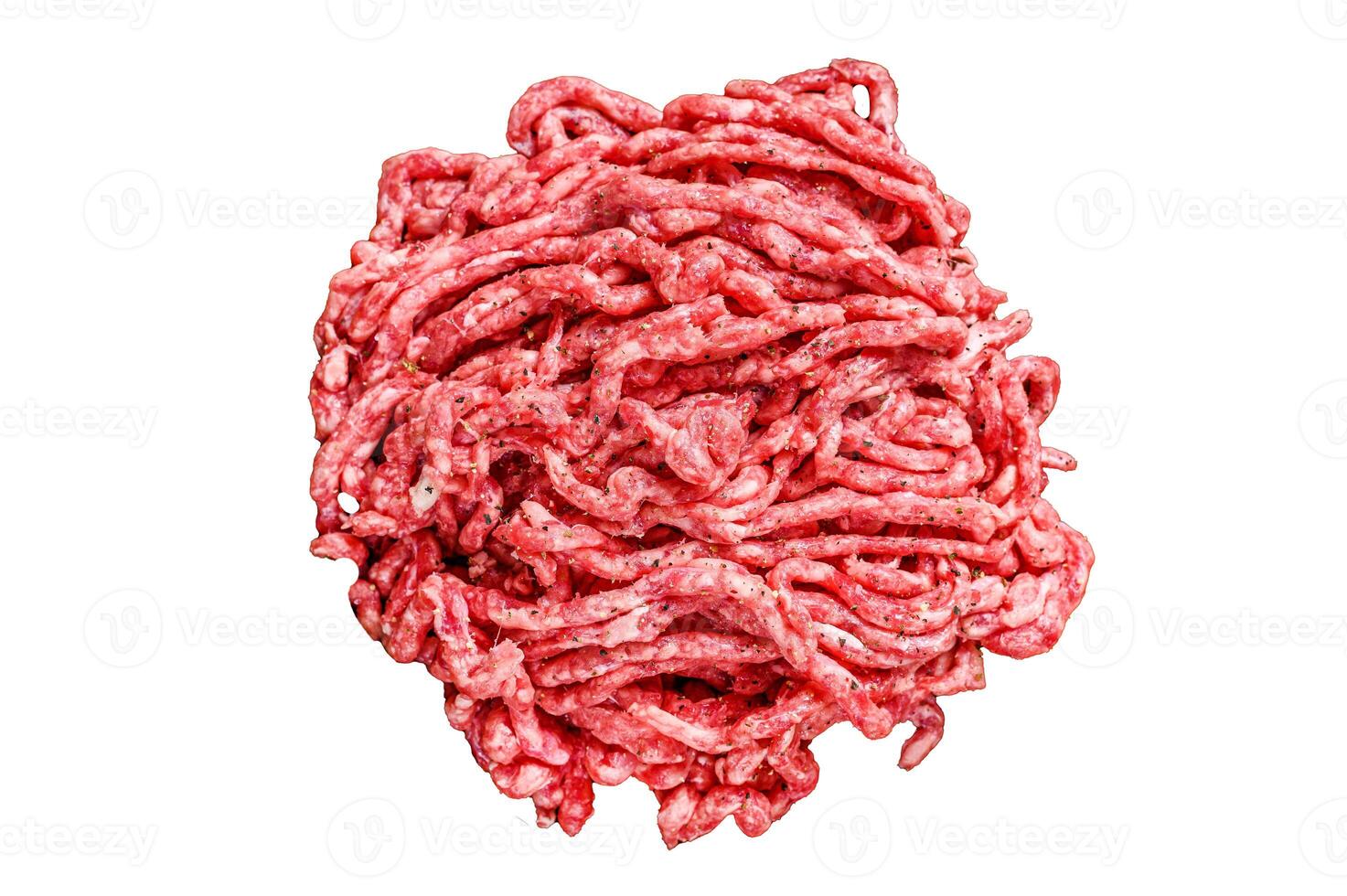 Raw mince angus wagyu beef, ground meat with herbs on a plate. Isolated on white background, top view. photo