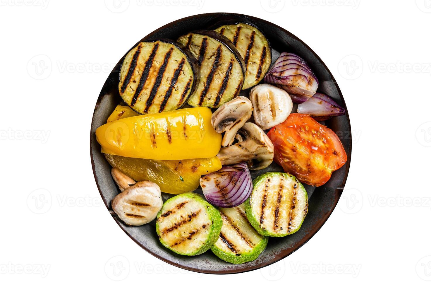Grilled vegetables, bell pepper, zucchini, eggplant, onion and tomato. Isolated on white background. photo
