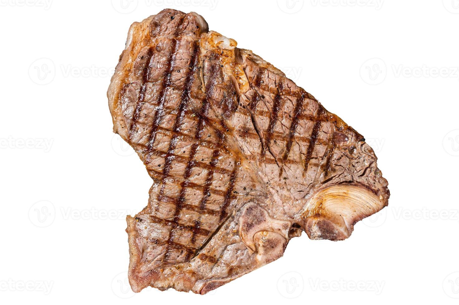 Grilled T-bone, t bone beef meat Steak on a grill skillet. Isolated, white background. photo