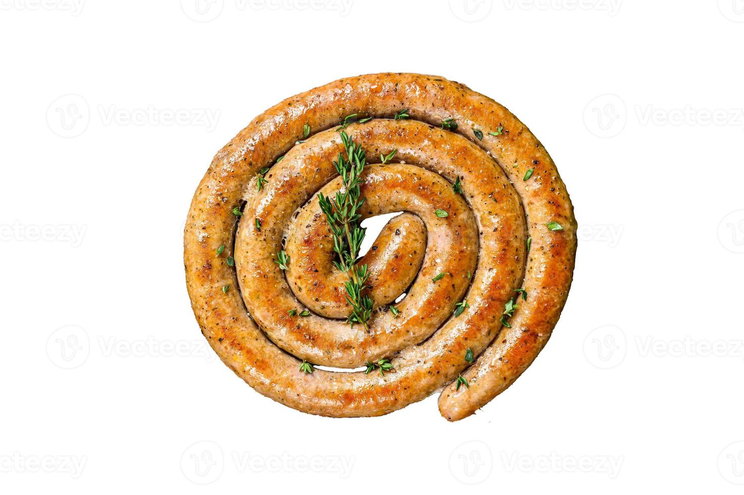 BBQ spiral sausage from pork and beef meat Isolated on white background, Top view. photo