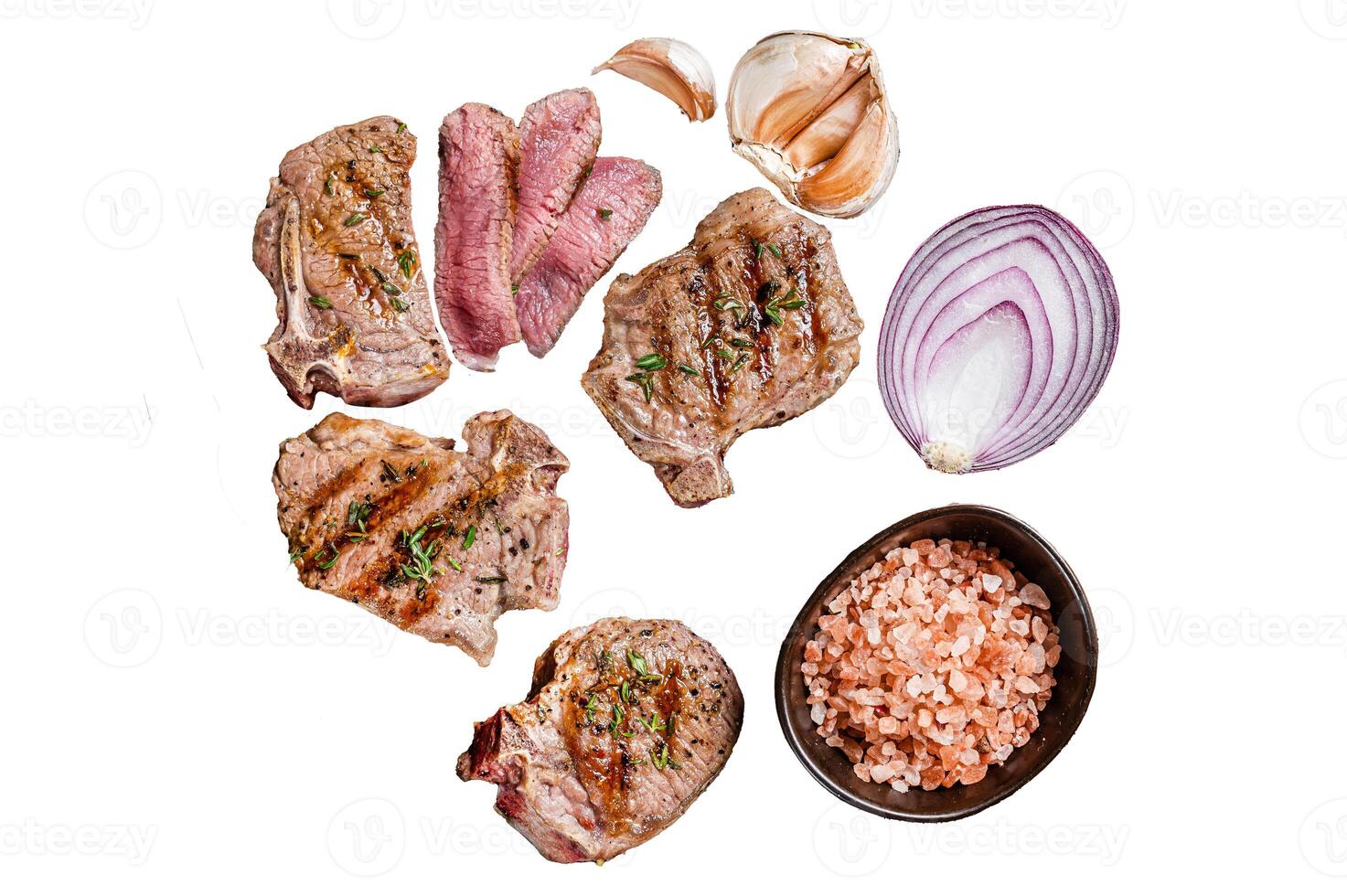 Barbecue Grilled lamb loin chops steaks, saddle in a plate with herbs. Isolated on white background, top view. photo