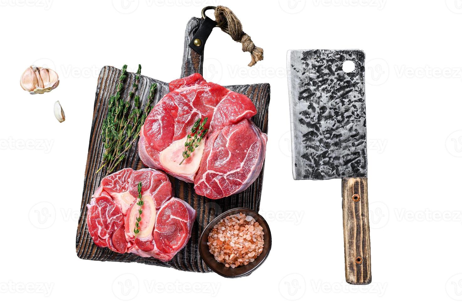 Raw veal shank steak meat osso buco, cooking italian ossobuco. Isolated on white background, top view. photo