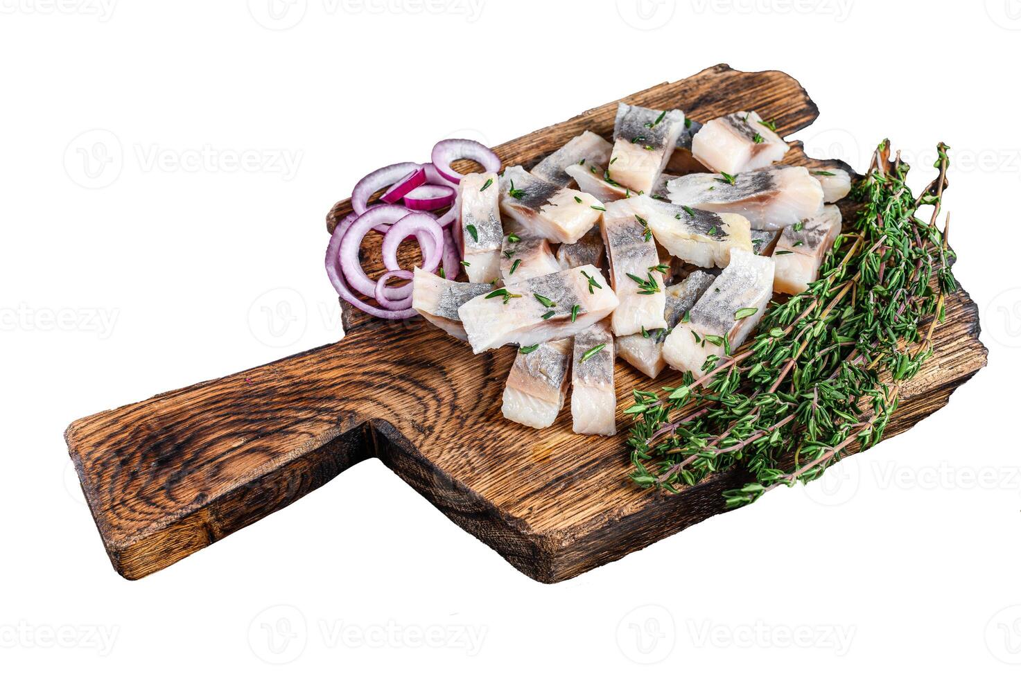 Salted herring fish sliced fillet Isolated on white background, top view. photo