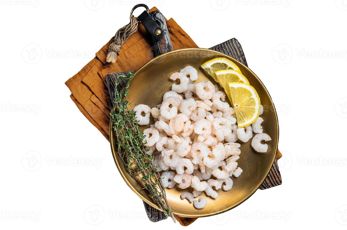 Fresh shrimps seafood with lemon, herbs and spice, prawns peeled. Isolated, white background. photo