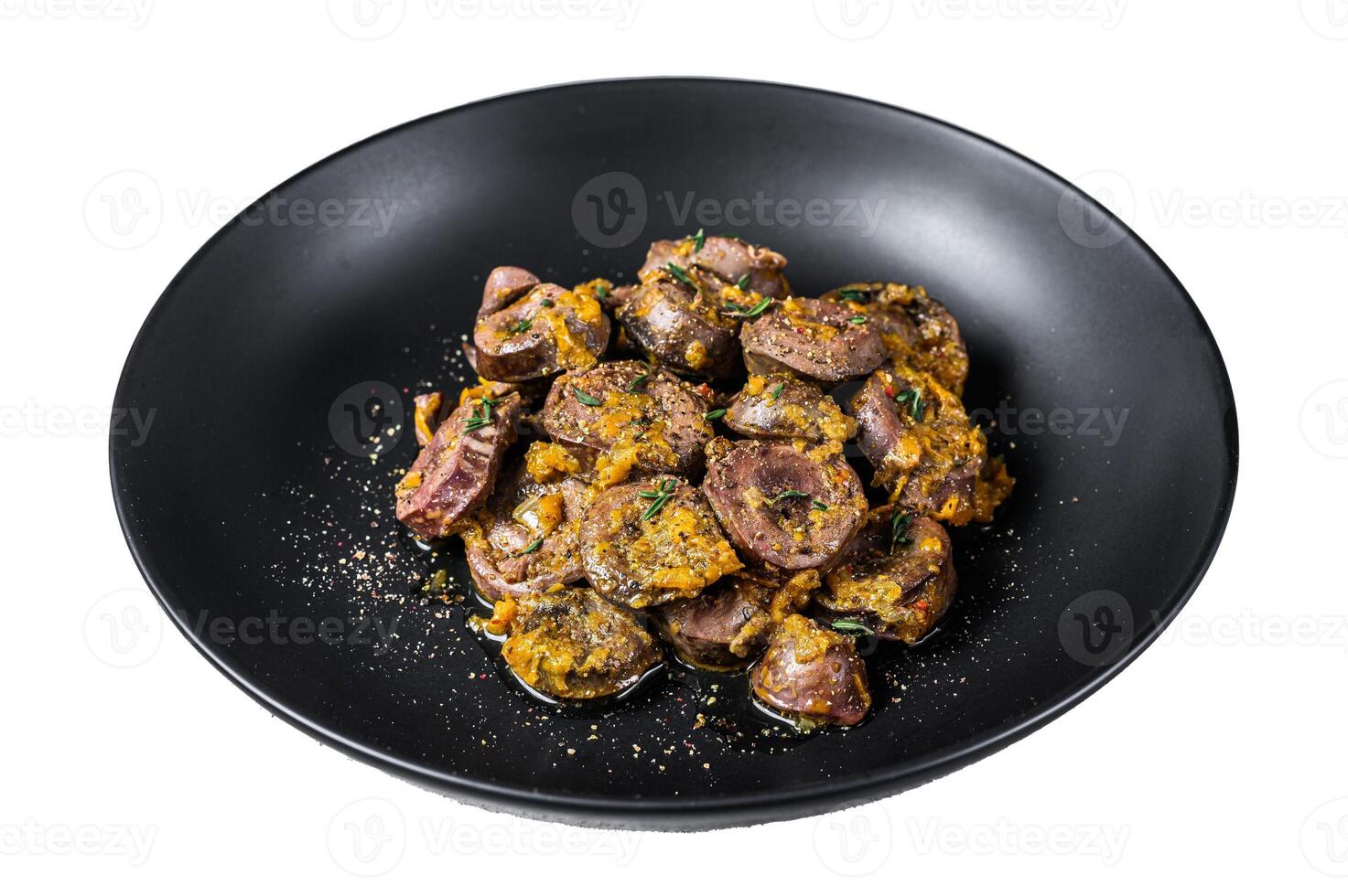 Stew with turkey hearts and onion. Isolated on white background, Top view. photo