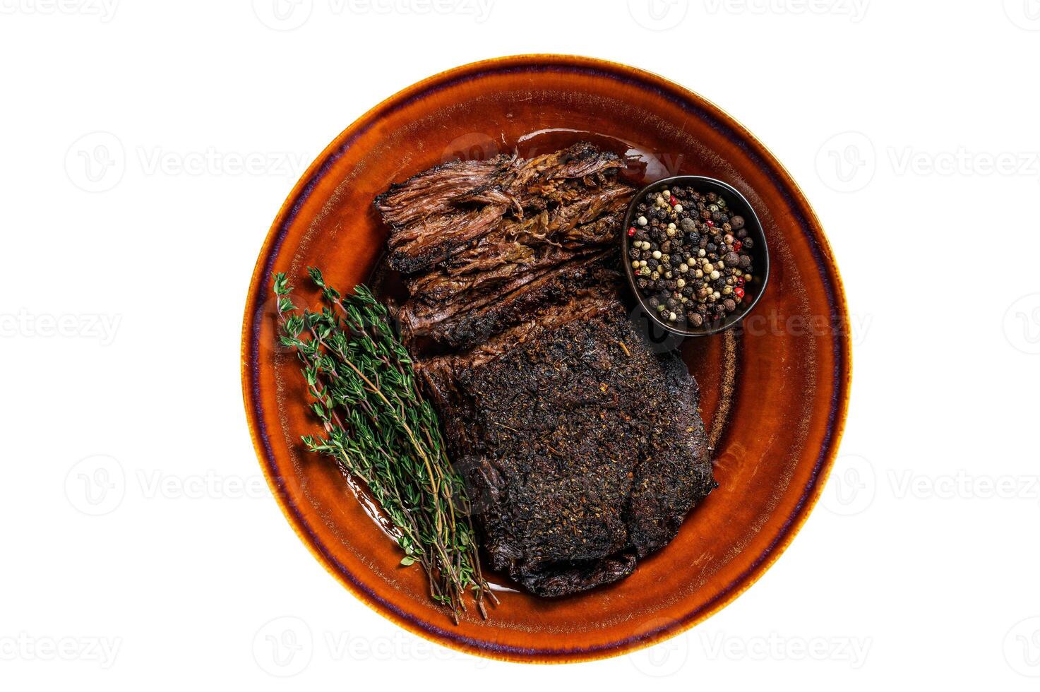 Smoked barbecue wagyu beef brisket meat. High quality Isolate, white background. photo