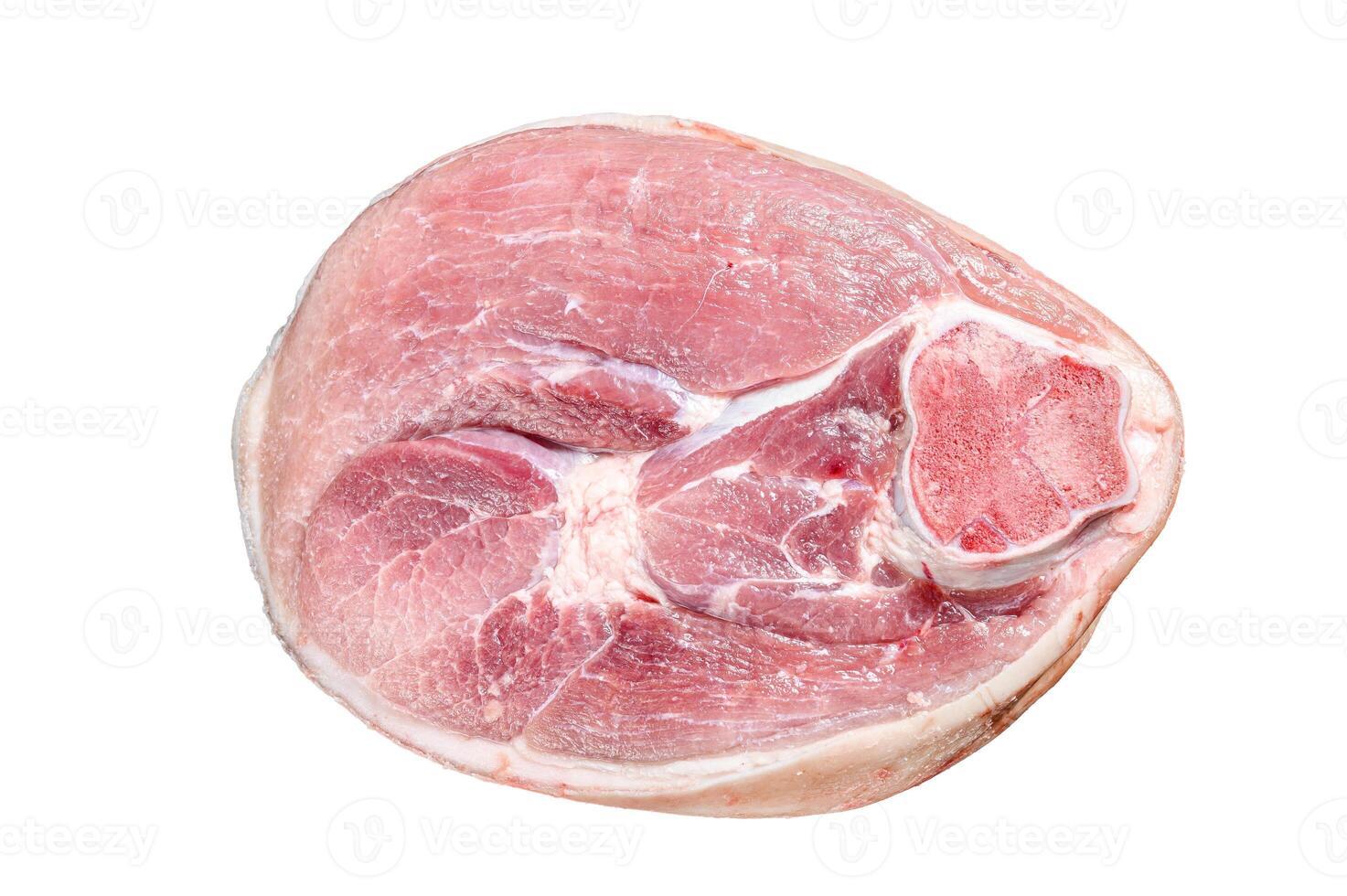 Slice of raw pork knuckle, leg. Farm fresh meat. Isolated on white background. photo