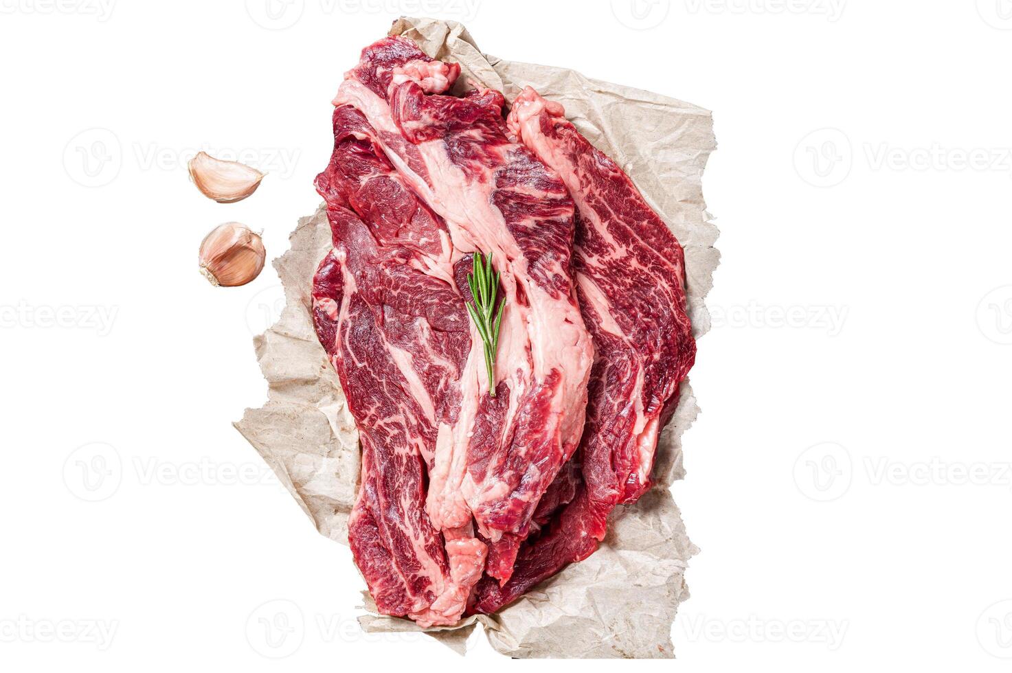 Unccoked marble black angus meat Steak on kitchen table, beef chuck roll steak. Isolated, white background. photo