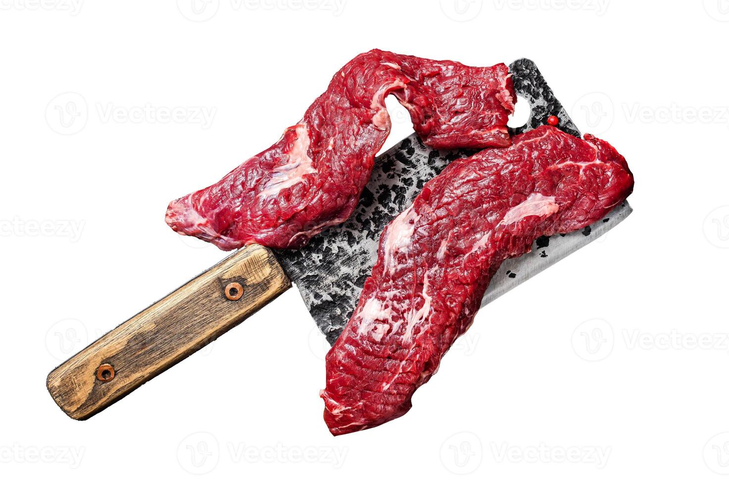 Raw Machete steak and flap steak flank cut on butcher meat cleaver. Isolated on white background. photo