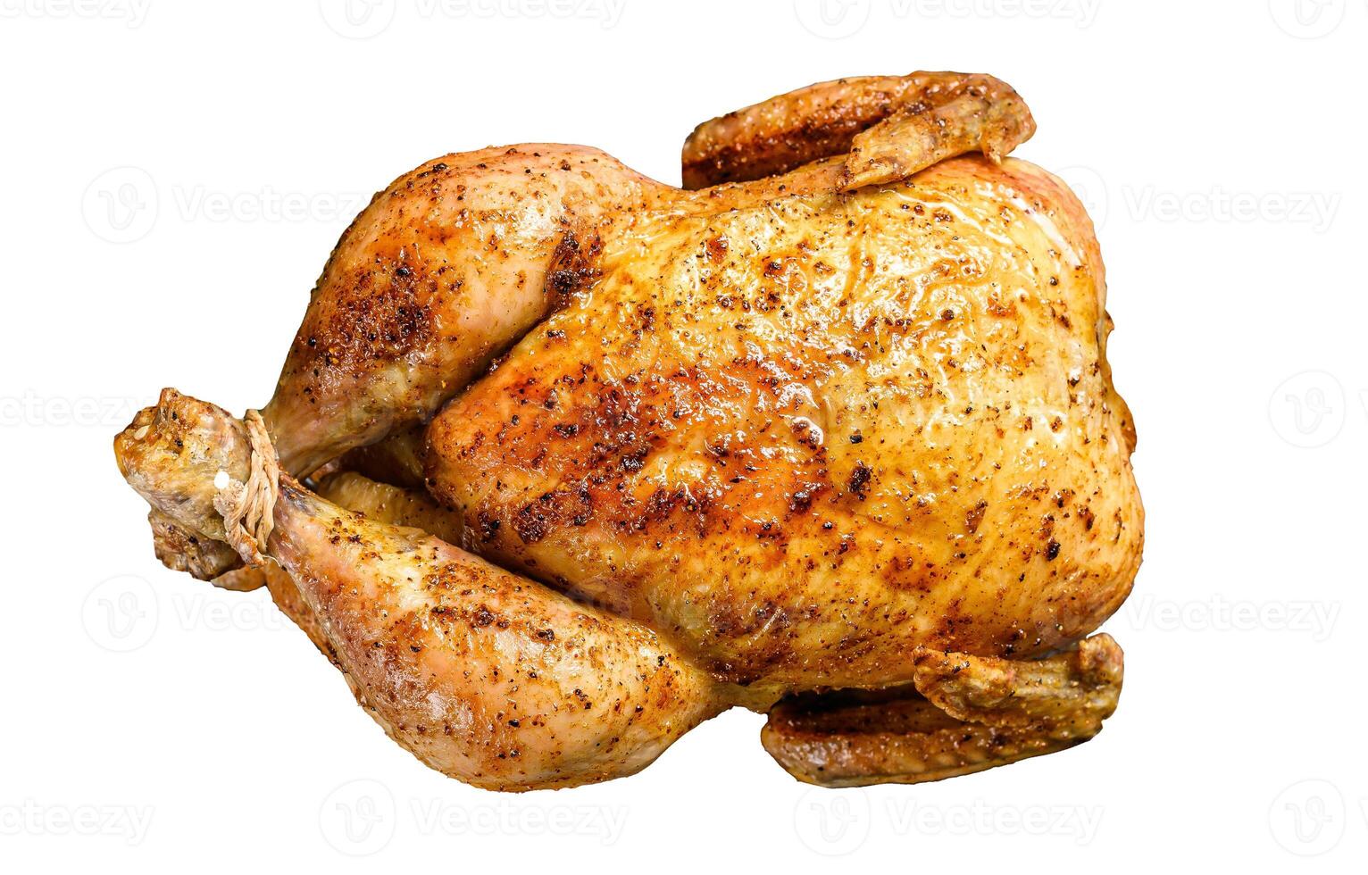 Grilled roasted whole Chicken. Isolated on white background. photo