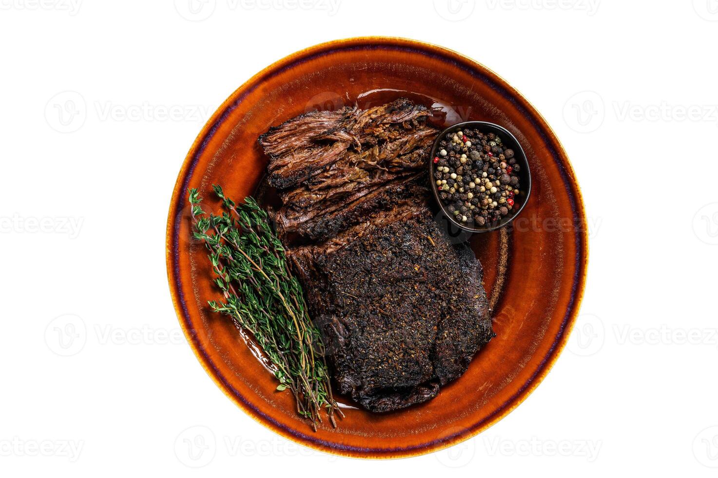 Smoked barbecue wagyu beef brisket meat. Isolated on white background. photo