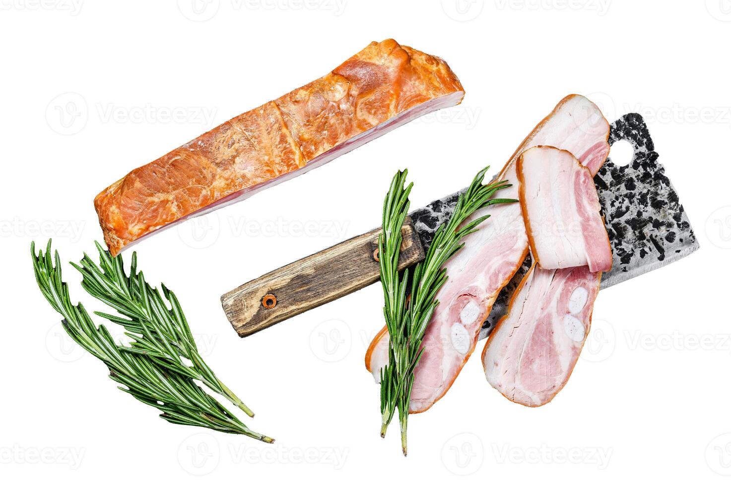 Cut pork belly bacon on a meat cleaver. Isolated on white background, Top view. photo