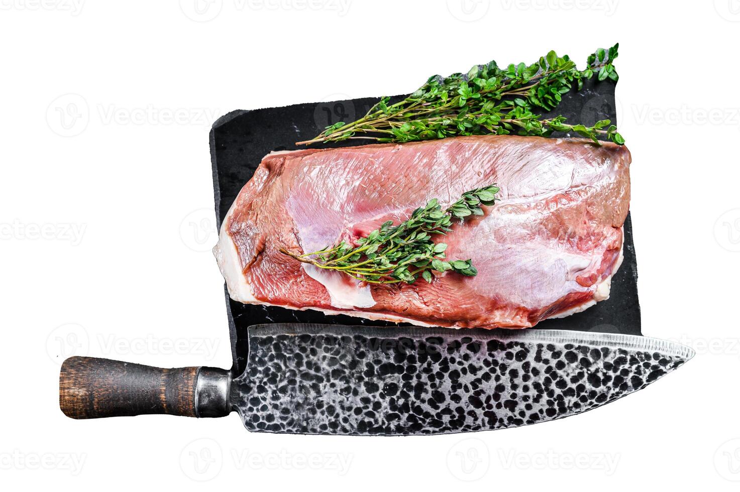 Raw duck breast fillet on a marble board Isolated on white background, Top view. photo