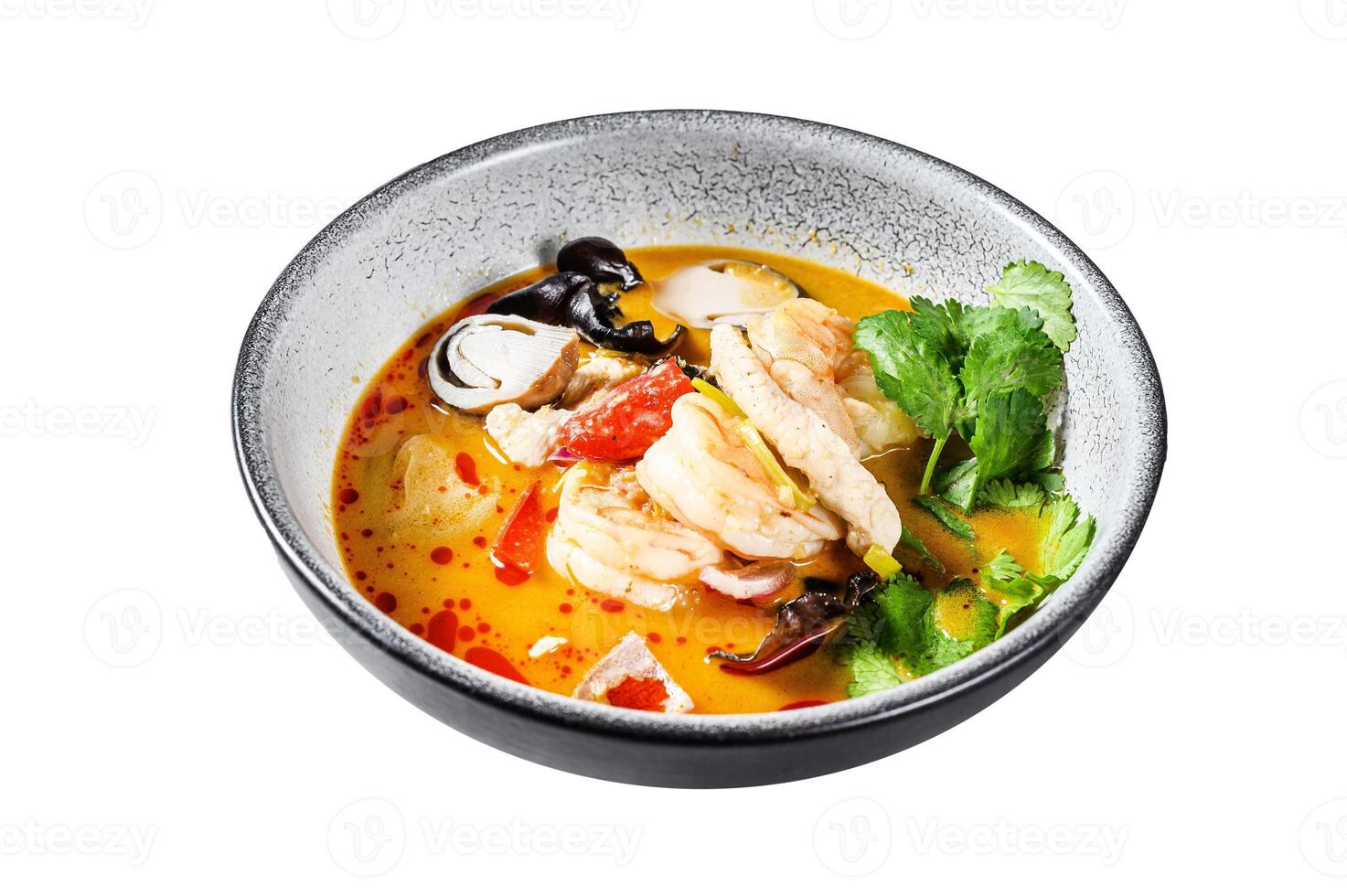 Tom yam kong or Tom yum, spicy clear soup.Tom Yam. Isolated on white background. Top view. photo