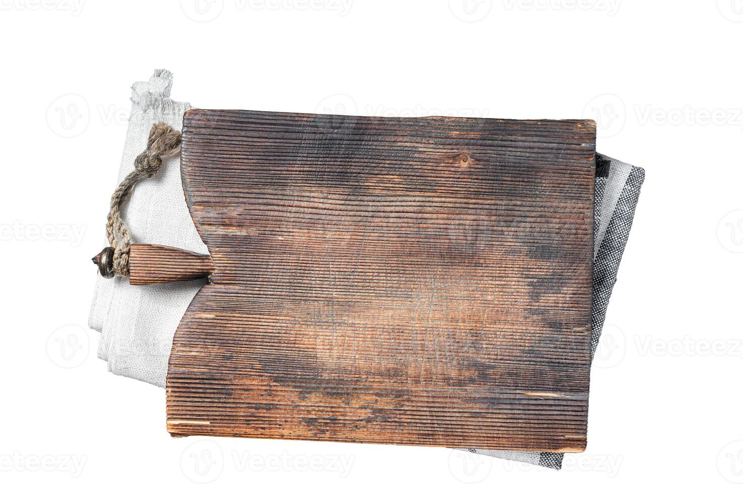 Directly Above view Of Cutting Board On dark Wooden Table. Isolated on white background photo