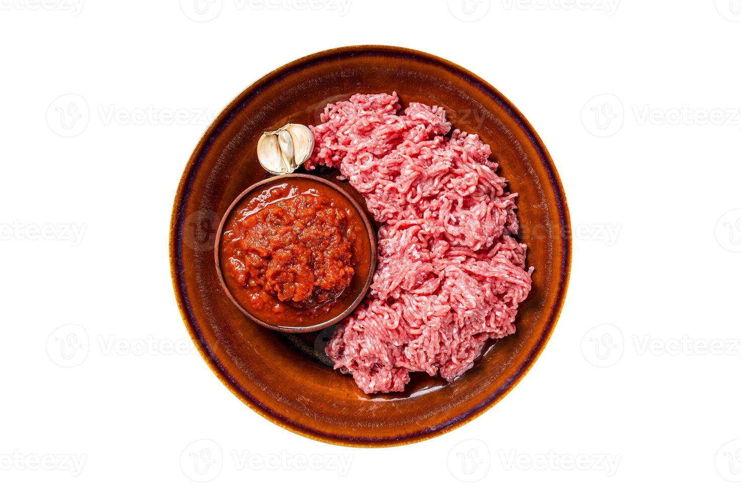Raw lasagna ingredients and products for pasta. Isolated, white background. Top view. photo