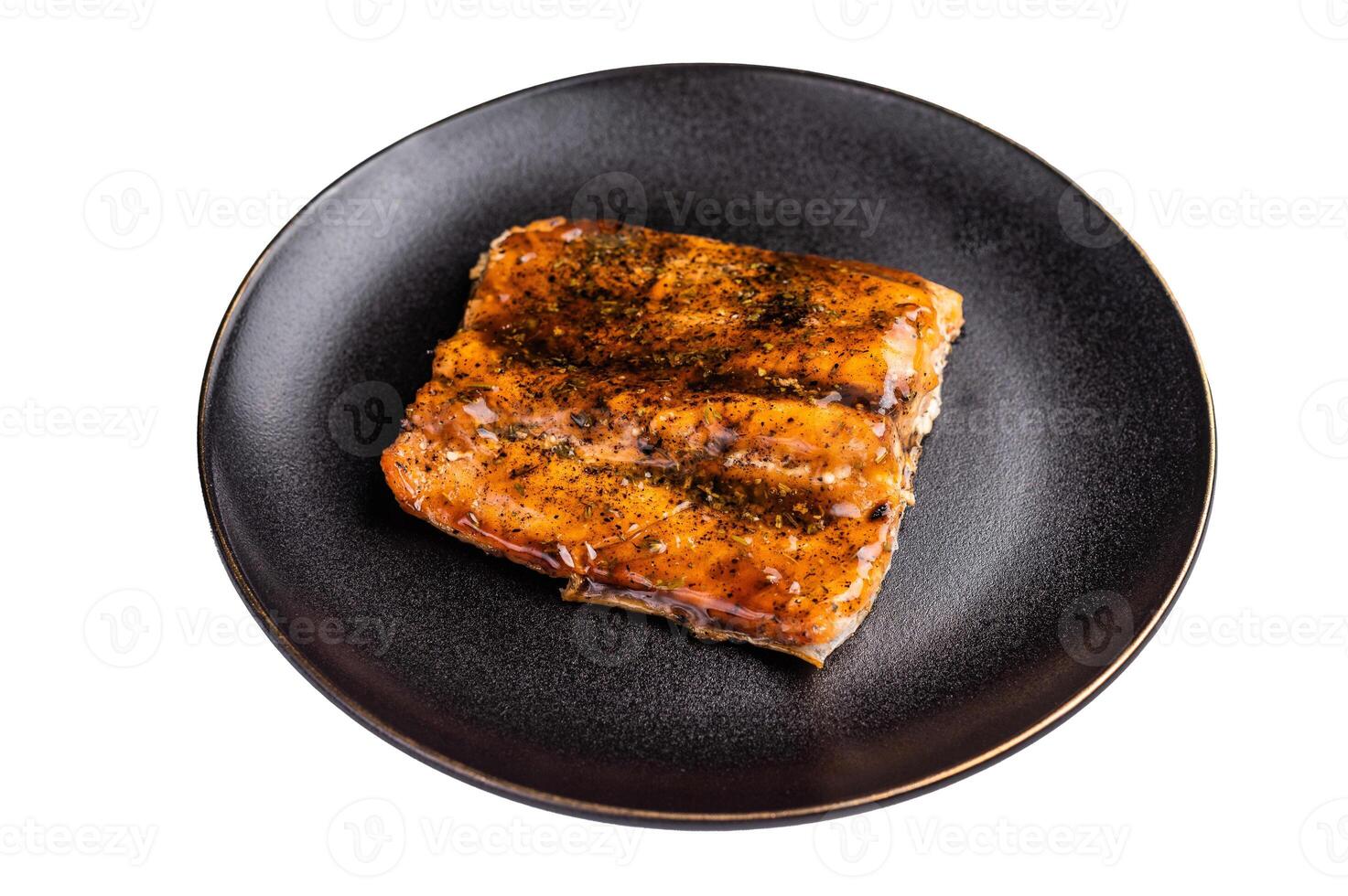 Japanese Teriyaki salmon fish fillet with sauce glaze isolated on white background. top view photo