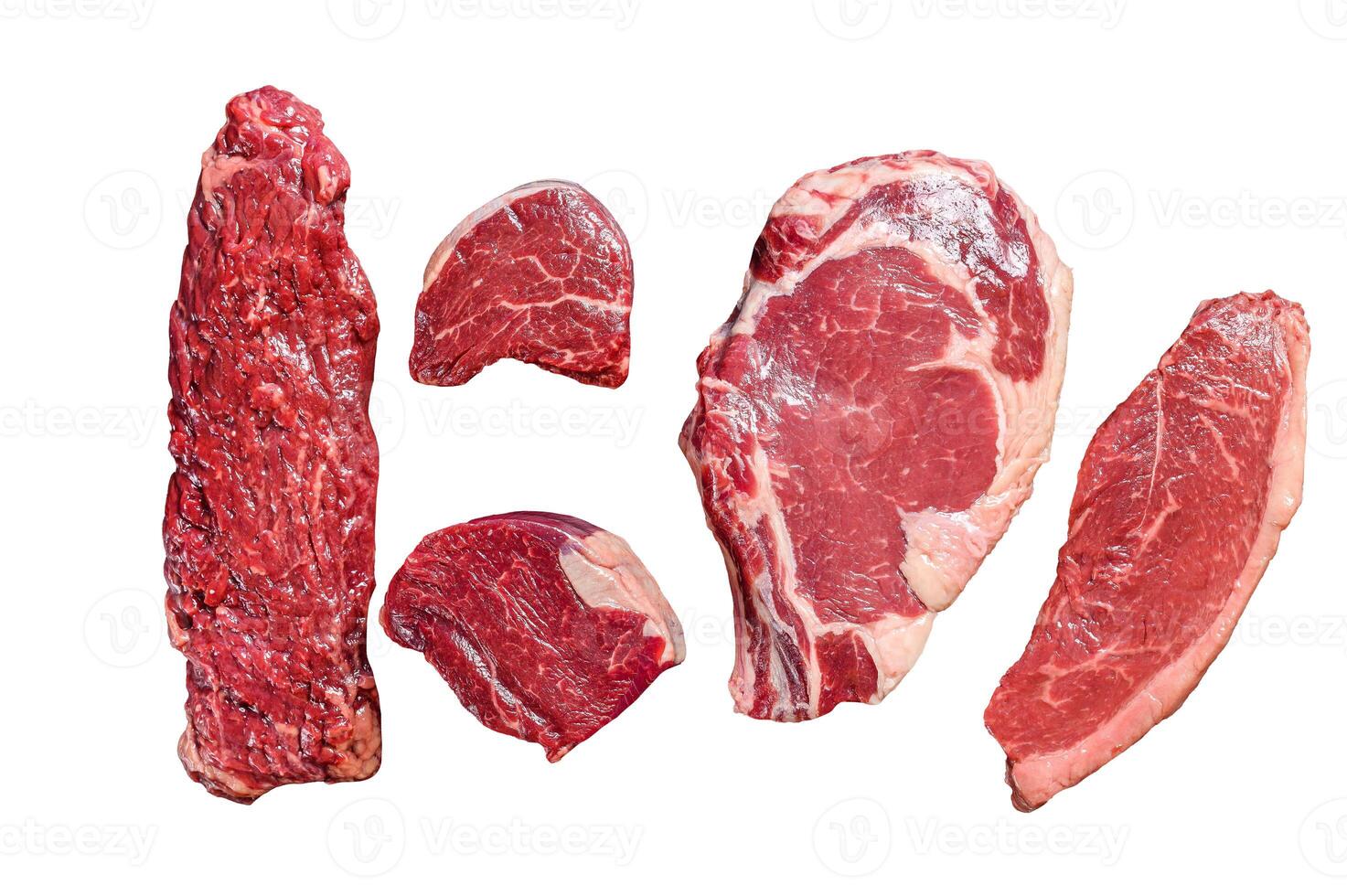 Variety of raw black angus beef meat steaks fillet Mignon, ribeye, Striploin and skirt or machete. Isolated on white background. photo