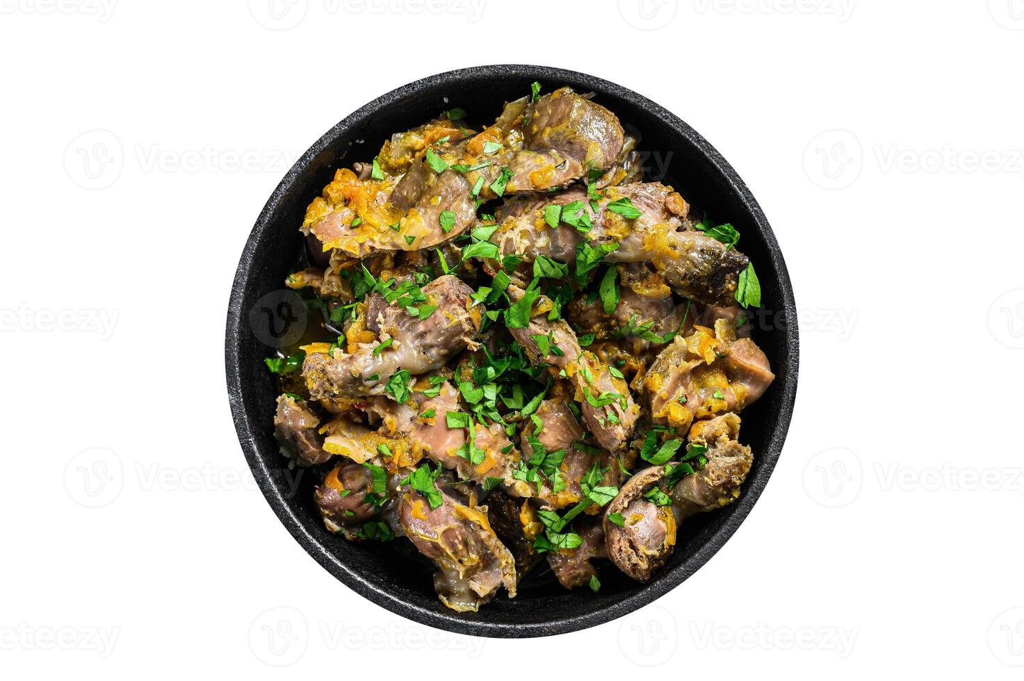 Chicken liver, heart and stomach in cream sauce. Isolated, white background. photo