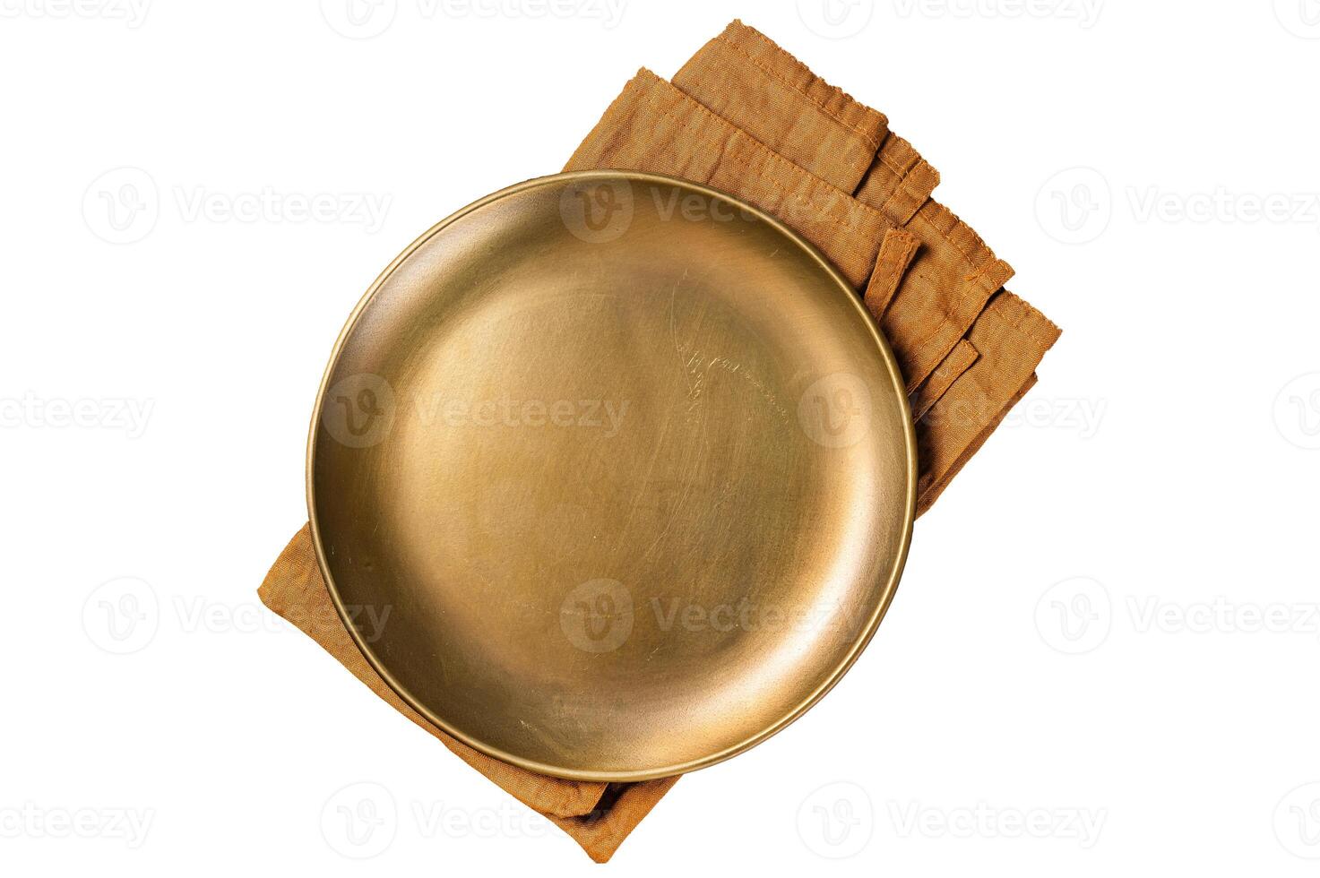 Food cooking and healthy eating background, Empty metal craft plate on table. Isolated, white background. photo